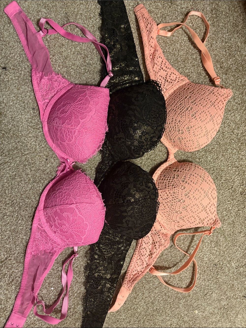 Victoria's Secret Lace Push-Up Bra Trio — Hot Pink, Black & Peach